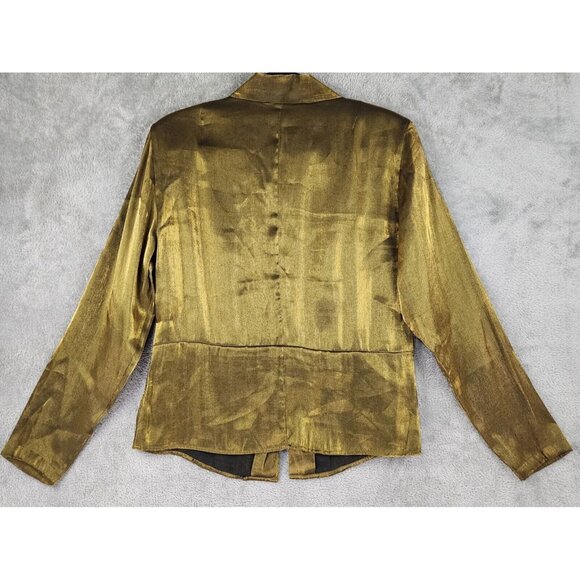 Tess Shirt Womens 10 Gold Metallic Retro Button Up Long Sleeve Blouse Vintage - Picture 2 of 10